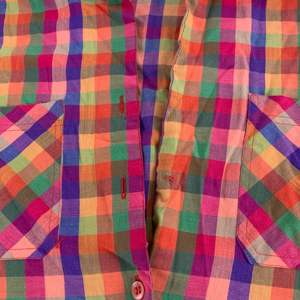 Vintage 80s Ecco Bay Plaid Rainbow Multi Checkered Short Sleeve Button U… - Picture 9 of 14